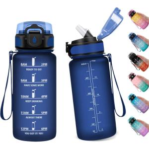 Gourde Sport Enfant 500ml, Gourde Sport avec Paille, Bouteille d&rsquo;eau Sport Étanche, Bouteille Reutilisable, Gourde pour 1 Journee, Gourde Motivation pour Enfant, Adulte, Randonnée, l&rsquo;école, Fitness(17oz-500ml | Paille | Mat Marine Bleu)