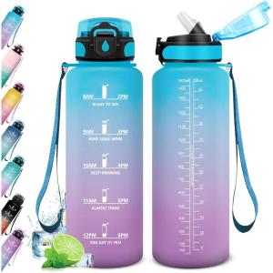 Gourde Sport Enfant 500ml, Gourde Sport avec Paille, Bouteille d&rsquo;eau Sport Étanche, Bouteille Reutilisable, Gourde pour 1 Journee, Gourde Motivation pour Enfant, Adulte, Randonnée, l&rsquo;école, Fitness(50oz-1500ml | Paille | Bleu + Lilas)