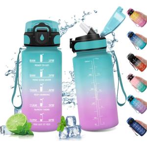 Gourde Sport Enfant 500ml, Gourde Sport avec Paille, Bouteille d&rsquo;eau Sport Étanche, Bouteille Reutilisable, Gourde pour 1 Journee, Gourde Motivation pour Enfant, Adulte, Randonnée, l&rsquo;école, Fitness(17oz-500ml | Paille | Vert + Rose Clair)
