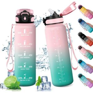 Gourde Sport Enfant 500ml, Gourde Sport avec Paille, Bouteille d&rsquo;eau Sport Étanche, Bouteille Reutilisable, Gourde pour 1 Journee, Gourde Motivation pour Enfant, Adulte, Randonnée, l&rsquo;école, Fitness(32oz-1000ml | Paille | Rose + Cyan)