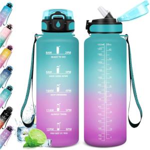 Gourde Sport Enfant 500ml, Gourde Sport avec Paille, Bouteille d&rsquo;eau Sport Étanche, Bouteille Reutilisable, Gourde pour 1 Journee, Gourde Motivation pour Enfant, Adulte, Randonnée, l&rsquo;école, Fitness(50oz-1500ml | Paille | Vert + Rose Clair-1)
