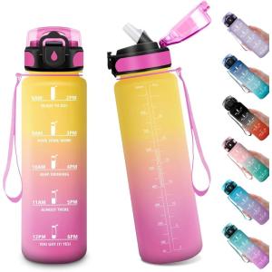 Gourde Sport Enfant 500ml, Gourde Sport avec Paille, Bouteille d&rsquo;eau Sport Étanche, Bouteille Reutilisable, Gourde pour 1 Journee, Gourde Motivation pour Enfant, Adulte, Randonnée, l&rsquo;école, Fitness(32oz-1000ml | Paille | Jaune + Rose)