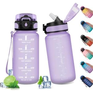 Gourde Sport Enfant 500ml, Gourde Sport avec Paille, Bouteille d&rsquo;eau Sport Étanche, Bouteille Reutilisable, Gourde pour 1 Journee, Gourde Motivation pour Enfant, Adulte, Randonnée, l&rsquo;école, Fitness(17oz-500ml | Paille | Mat Violet Clair)