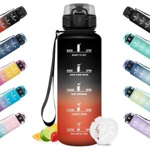HoneyHolly Gourde 1L, Réutilisable, Gourde Sport, Marqueur Horaire, Bouteille Eau, Étanche, Portable, Water Bottle pour Salle de Sport, Vélo, Bureau, Extérieur, École(Noir Rouge – 1500ml)