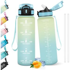 HoneyHolly Gourde 1l, Étanches, Gourde Paille, sans BPA & Réutilisable, Bouteille, Motivation Bouteille d&rsquo;eau, Avec Marqueur de Temps, Water Bottle pour Gym, Ecole, Cyclisme, Plein air, Sport(Givre & Ciel – 1000 Ml)
