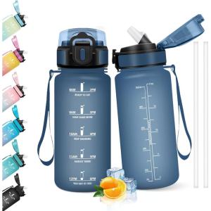 HoneyHolly Gourde 1l, Étanches, Gourde Paille, sans BPA & Réutilisable, Bouteille, Motivation Bouteille d&rsquo;eau, Avec Marqueur de Temps, Water Bottle pour Gym, Ecole, Cyclisme, Plein air, Sport(Bleu Marine – 500 Ml)
