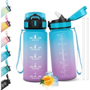 HoneyHolly Gourde 1l, Étanches, Gourde Paille, sans BPA & Réutilisable, Bouteille, Motivation Bouteille d&rsquo;eau, Avec Marqueur de Temps, Water Bottle pour Gym, Ecole, Cyclisme, Plein air, Sport(Bleu & Violet – 500 Ml)