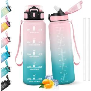 HoneyHolly Gourde 1l, Étanches, Gourde Paille, sans BPA & Réutilisable, Bouteille, Motivation Bouteille d&rsquo;eau, Avec Marqueur de Temps, Water Bottle pour Gym, Ecole, Cyclisme, Plein air, Sport(Rose & Cyan – 1000 Ml)