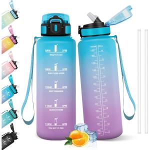 HoneyHolly Gourde 1l, Étanches, Gourde Paille, sans BPA & Réutilisable, Bouteille, Motivation Bouteille d&rsquo;eau, Avec Marqueur de Temps, Water Bottle pour Gym, Ecole, Cyclisme, Plein air, Sport(Bleu & Violet – 1500 Ml)