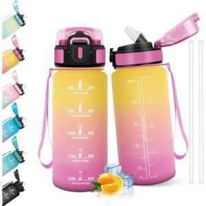 HoneyHolly Gourde 1l, Étanches, Gourde Paille, sans BPA & Réutilisable, Bouteille, Motivation Bouteille d&rsquo;eau, Avec Marqueur de Temps, Water Bottle pour Gym, Ecole, Cyclisme, Plein air, Sport(Jaune & Rose – 500 Ml)
