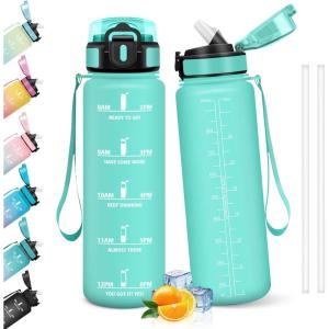 HoneyHolly Gourde 1l, Étanches, Gourde Paille, sans BPA & Réutilisable, Bouteille, Motivation Bouteille d&rsquo;eau, Avec Marqueur de Temps, Water Bottle pour Gym, Ecole, Cyclisme, Plein air, Sport(Bleu & Vert – 1000 Ml)