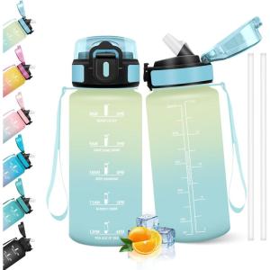 HoneyHolly Gourde 1l, Étanches, Gourde Paille, sans BPA & Réutilisable, Bouteille, Motivation Bouteille d&rsquo;eau, Avec Marqueur de Temps, Water Bottle pour Gym, Ecole, Cyclisme, Plein air, Sport(Givre & Ciel – 500 Ml)