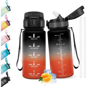 HoneyHolly Gourde 1l, Étanches, Gourde Paille, sans BPA & Réutilisable, Bouteille, Motivation Bouteille d&rsquo;eau, Avec Marqueur de Temps, Water Bottle pour Gym, Ecole, Cyclisme, Plein air, Sport(Noir & Rouge – 500 Ml)