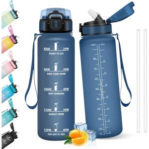 HoneyHolly Gourde 1l, Étanches, Gourde Paille, sans BPA & Réutilisable, Bouteille, Motivation Bouteille d&rsquo;eau, Avec Marqueur de Temps, Water Bottle pour Gym, Ecole, Cyclisme, Plein air, Sport(Bleu Marine – 1000 Ml)