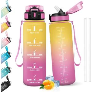 HoneyHolly Gourde 1l, Étanches, Gourde Paille, sans BPA & Réutilisable, Bouteille, Motivation Bouteille d&rsquo;eau, Avec Marqueur de Temps, Water Bottle pour Gym, Ecole, Cyclisme, Plein air, Sport(Jaune & Rose – 1000 Ml)