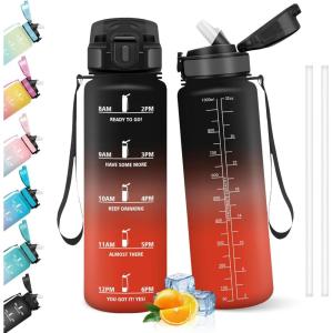 HoneyHolly Gourde 1l, Étanches, Gourde Paille, sans BPA & Réutilisable, Bouteille, Motivation Bouteille d&rsquo;eau, Avec Marqueur de Temps, Water Bottle pour Gym, Ecole, Cyclisme, Plein air, Sport(Noir & Rouge – 1000 Ml)
