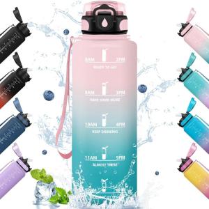 HoneyHolly Gourde 1l, Étanches, Gourde Paille, sans BPA & Réutilisable, Bouteille, Motivation Bouteille d&rsquo;eau, Avec Marqueur de Temps, Water Bottle pour Gym, Ecole, Cyclisme, Plein air, Sport(Pink-cyan With Logo – 1500 Ml)