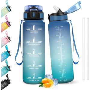 HoneyHolly Gourde 1l, Étanches, Gourde Paille, sans BPA & Réutilisable, Bouteille, Motivation Bouteille d&rsquo;eau, Avec Marqueur de Temps, Water Bottle pour Gym, Ecole, Cyclisme, Plein air, Sport(Bleu & Green – 1000 Ml)