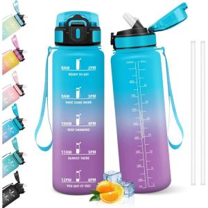 HoneyHolly Gourde 1l, Étanches, Gourde Paille, sans BPA & Réutilisable, Bouteille, Motivation Bouteille d&rsquo;eau, Avec Marqueur de Temps, Water Bottle pour Gym, Ecole, Cyclisme, Plein air, Sport(Bleu & Violet – 1000 Ml)