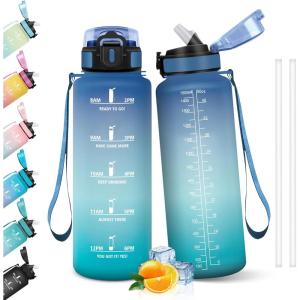 HoneyHolly Gourde 1l, Étanches, Gourde Paille, sans BPA & Réutilisable, Bouteille, Motivation Bouteille d&rsquo;eau, Avec Marqueur de Temps, Water Bottle pour Gym, Ecole, Cyclisme, Plein air, Sport(Bleu & Vert – 1500 Ml)