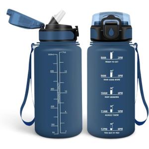 HoneyHolly Gourde Paille 500ml, sans BPA & Étanches, Bouteille, Motivation Bouteille d&rsquo;eau, Avec Marqueur de Temps, Petite Gourde pour Gym, Ecole, Cyclisme, Plein Air, Sport(Bleu Marine – 0 5 L)