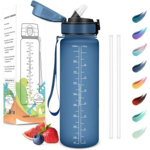 Motswedi Gourde Sport, 1000ml Anti-Fuite, Gourde avec Paille, sans BPA, Gourde Paille, Réutilisable, Gourde, Facile à Transporter, Bouteille d&rsquo;eau pour Yoga, Camping, Cyclisme, Fitness, Jaune Rose(Bleu Foncé)