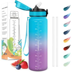 Motswedi Gourde Sport, 1000ml Anti-Fuite, Gourde avec Paille, sans BPA, Gourde Paille, Réutilisable, Gourde, Facile à Transporter, Bouteille d&rsquo;eau pour Yoga, Camping, Cyclisme, Fitness, Jaune Rose(Bleu Violet)