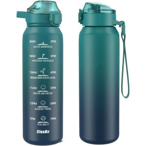 SLUXKE Gourde Inox 1L avec Marquage De Temps, 1000ml Gourde en 18/10 Acier Inoxydable avec Handle, Réutilisables, Étanche, sans BPA, pour Adulte, Sport, Gym, Voyage Bleu Bleu(Bleu Bleu)
