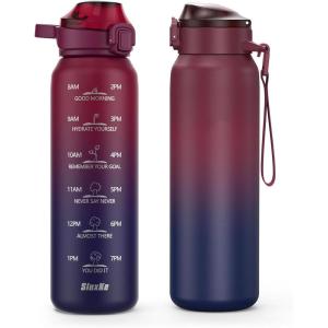 SLUXKE Gourde Inox 1L avec Marquage De Temps, 1000ml Gourde en 18/10 Acier Inoxydable avec Handle, Réutilisables, Étanche, sans BPA, pour Adulte, Sport, Gym, Voyage Bleu Bleu(Rouge Noir)