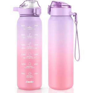 SLUXKE Gourde Inox 1L avec Marquage De Temps, 1000ml Gourde en 18/10 Acier Inoxydable avec Handle, Réutilisables, Étanche, sans BPA, pour Adulte, Sport, Gym, Voyage Bleu Bleu(Violet Rose)