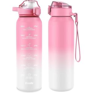 SLUXKE Gourde Inox 1L avec Marquage De Temps, 1000ml Gourde en 18/10 Acier Inoxydable avec Handle, Réutilisables, Étanche, sans BPA, pour Adulte, Sport, Gym, Voyage Bleu Bleu(Blanc Rose)