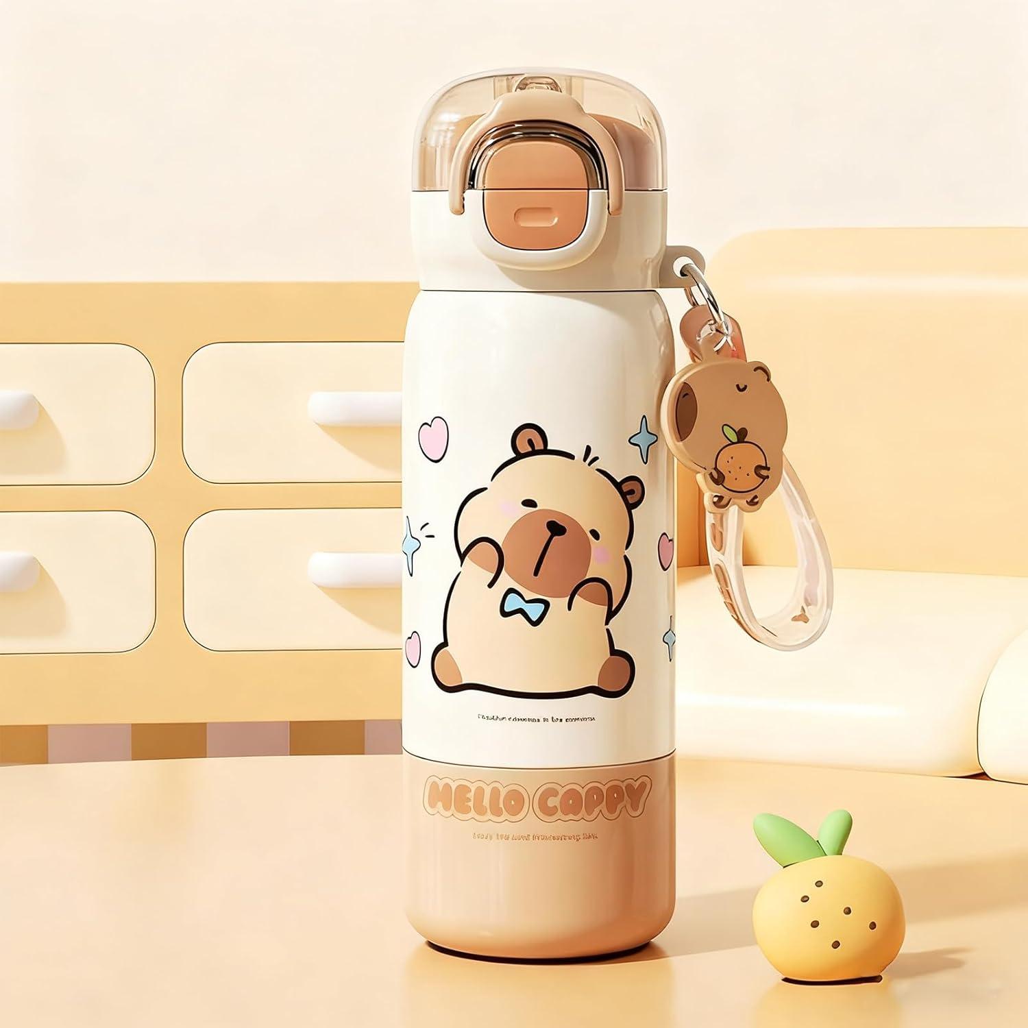 image:imageGourde Sportive Mignonne Mug En Acier Inoxydable Design Capybara Avec Couvercle Paille Bouteille DEau De Boisson Pour cole Bureaux Voyage Intrieur Extrieur Maison Famille AdultesBlanc