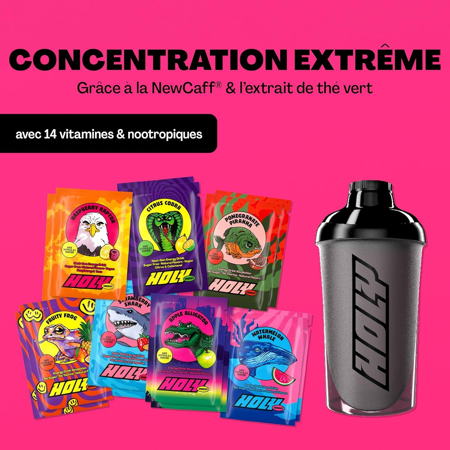 image:imageHOLY Energy Starter Set Focus Drink 2x7 portions au got fruit et intense Boost par NewCaff ampamp extrait de th vert Vgtalien sans sucre armes de fruits 100 naturels