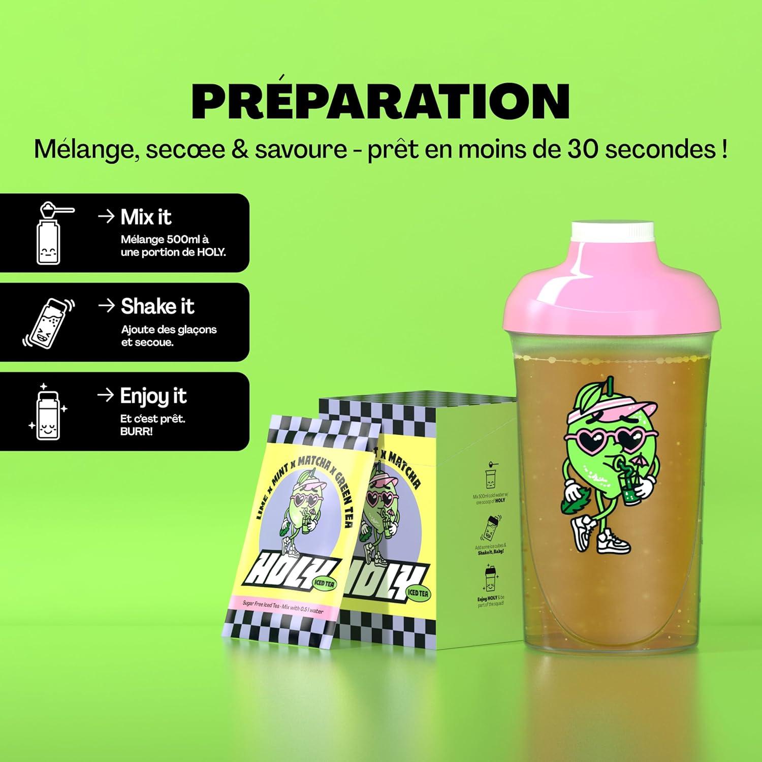 image:imageHOLY Iced Tea Bote de 10 sachets Acai x Hibiscus avec poudre au got daai et dhibiscus 10 portions avec antioxydants Th glac sans sucre Vgtalien avec armes 100 naturelsLime x Matcha x Mint