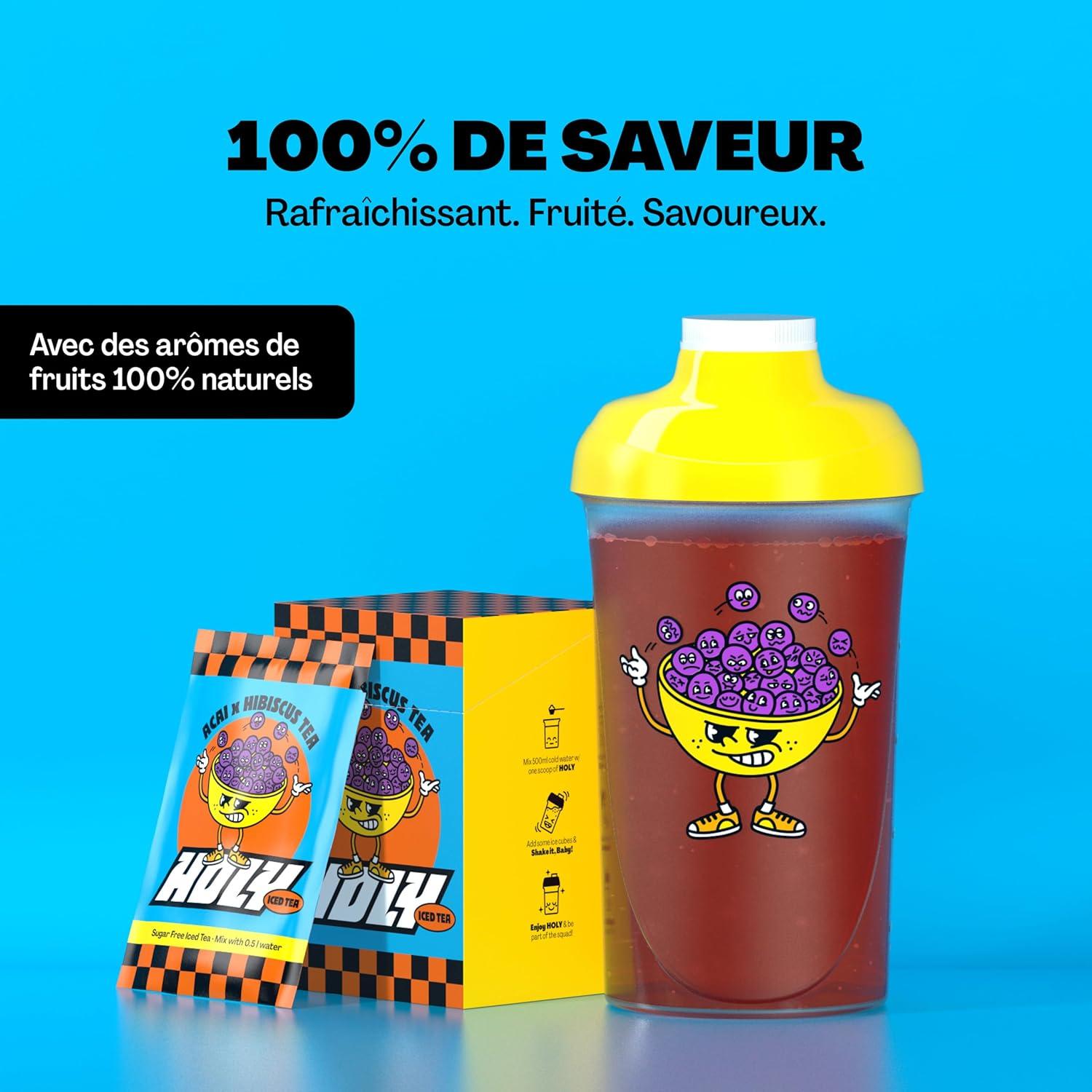 image:imageHOLY Iced Tea Bote de 10 sachets Acai x Hibiscus avec poudre au got daai et dhibiscus 10 portions avec antioxydants Th glac sans sucre Vgtalien avec armes 100 naturelsAa x Hibiscus