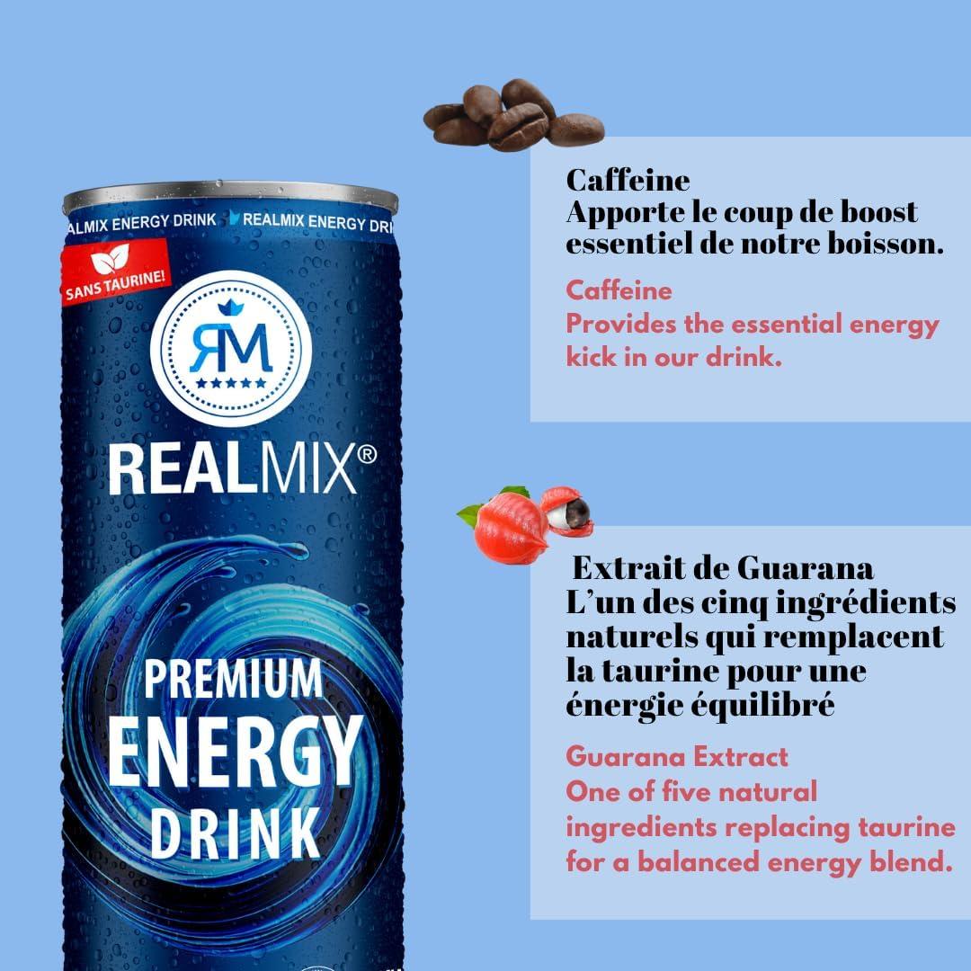 image:imageRealMix Energy Drink Boissonnergisante Sans Taurine Cafine ampampExtrait de Guarana LowSugar Canette24x250ml RafrachissementnergieNaturelleEnergy Drink
