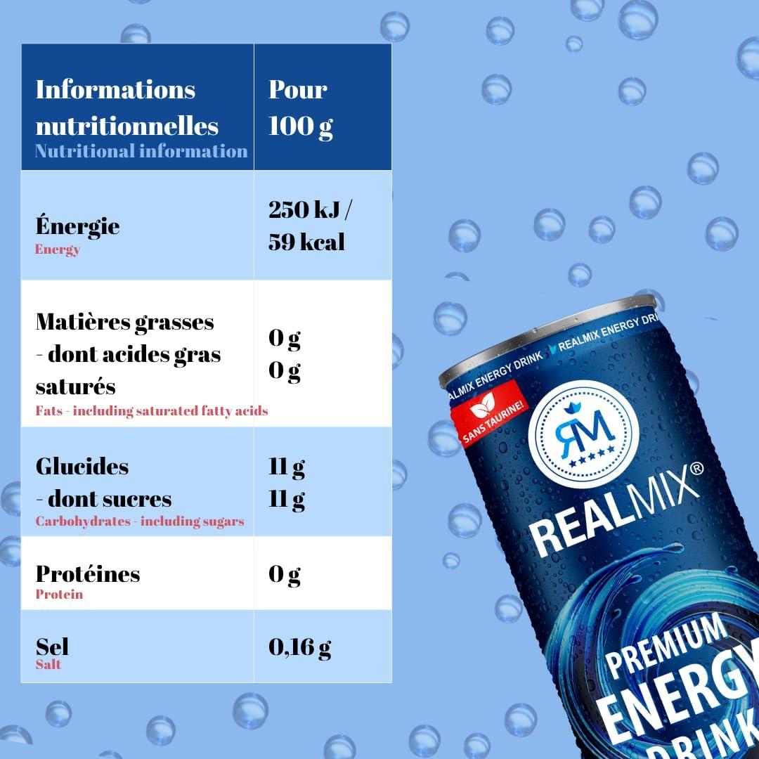 image:imageRealMix Energy Drink Boissonnergisante Sans Taurine Cafine ampampExtrait de Guarana LowSugar Canette24x250ml RafrachissementnergieNaturelleEnergy Drink