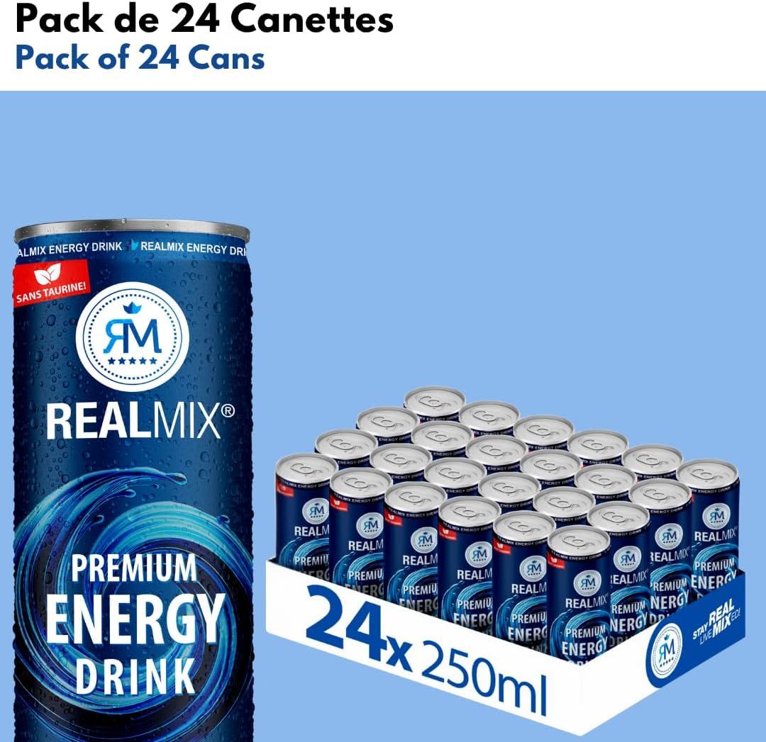 image:imageRealMix Energy Drink Boissonnergisante Sans Taurine Cafine ampampExtrait de Guarana LowSugar Canette24x250ml RafrachissementnergieNaturelleEnergy Drink