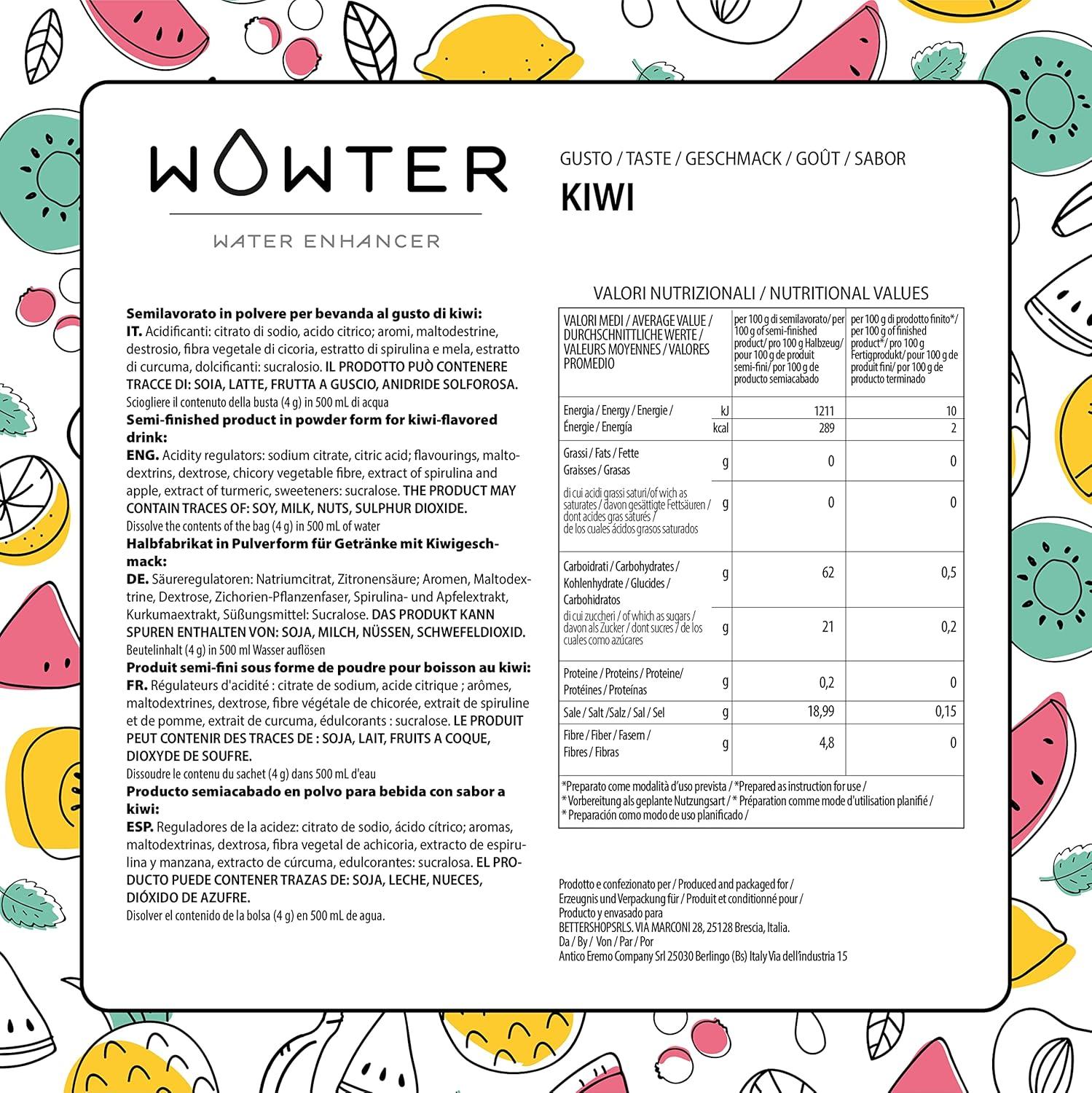 image:imageWOWTER by AMZ BETTER Poudre Pour Aromatiser leau 24 Sachets de Poudre de Saveur de Kiwi Sans Calories Sans OGM Sans Gluten Sans Sucre Made in Italy 96 g