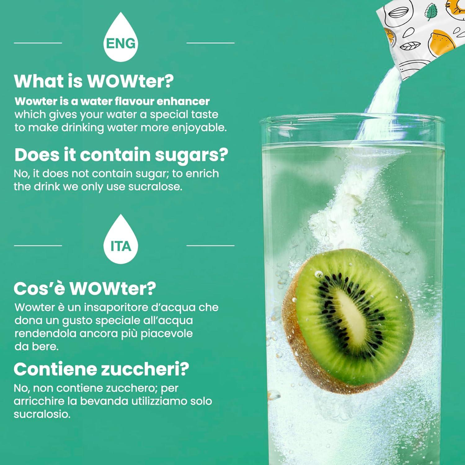 image:imageWOWTER by AMZ BETTER Poudre Pour Aromatiser leau 24 Sachets de Poudre de Saveur de Kiwi Sans Calories Sans OGM Sans Gluten Sans Sucre Made in Italy 96 g