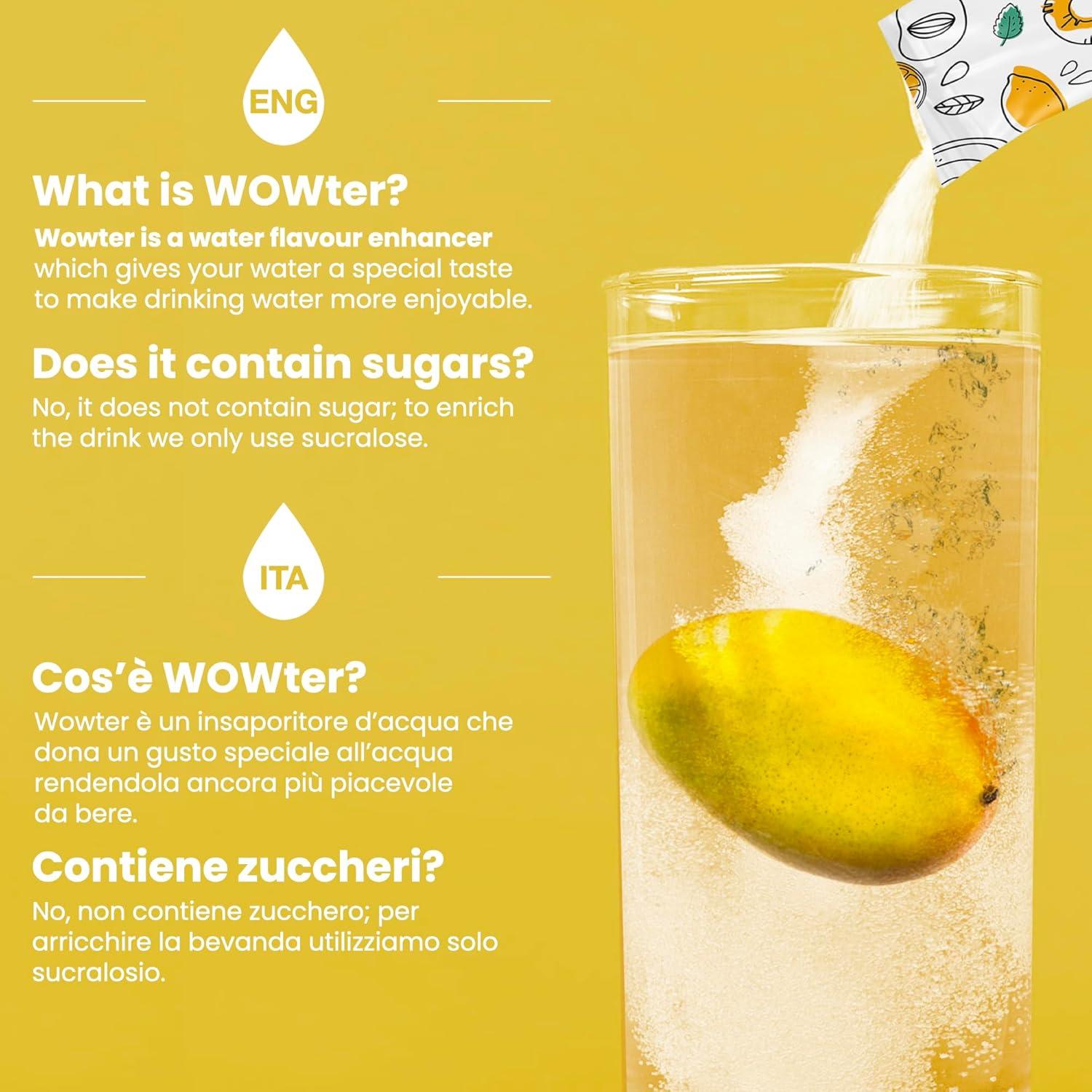 image:imageWOWTER by AMZ BETTER Poudre Pour Aromatiser leau 24 Sachets de Poudre de Saveur de Mangue Sans Calories Sans OGM Sans Gluten Sans Sucre Made in Italy 96 g