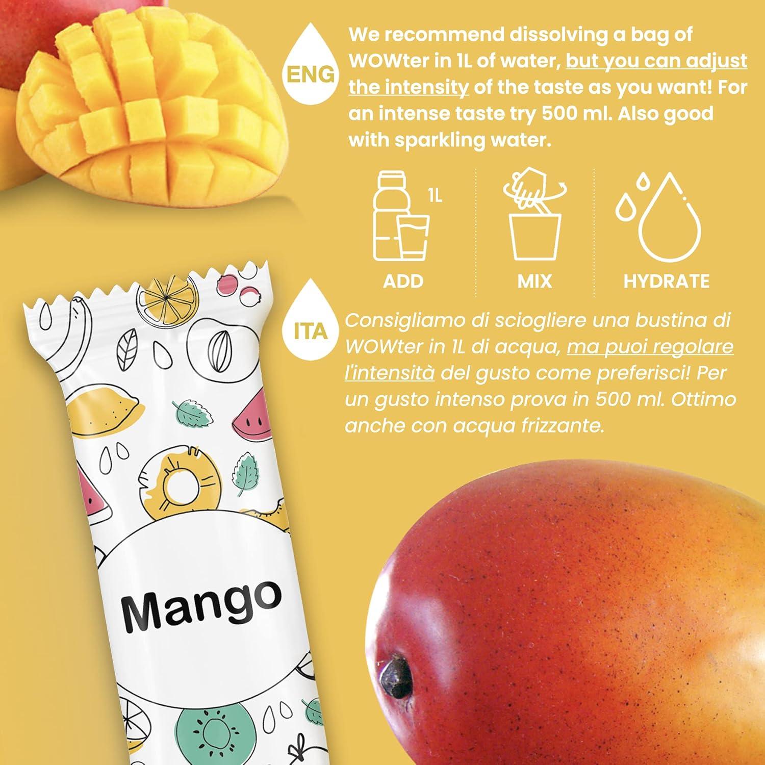image:imageWOWTER by AMZ BETTER Poudre Pour Aromatiser leau 24 Sachets de Poudre de Saveur de Mangue Sans Calories Sans OGM Sans Gluten Sans Sucre Made in Italy 96 g
