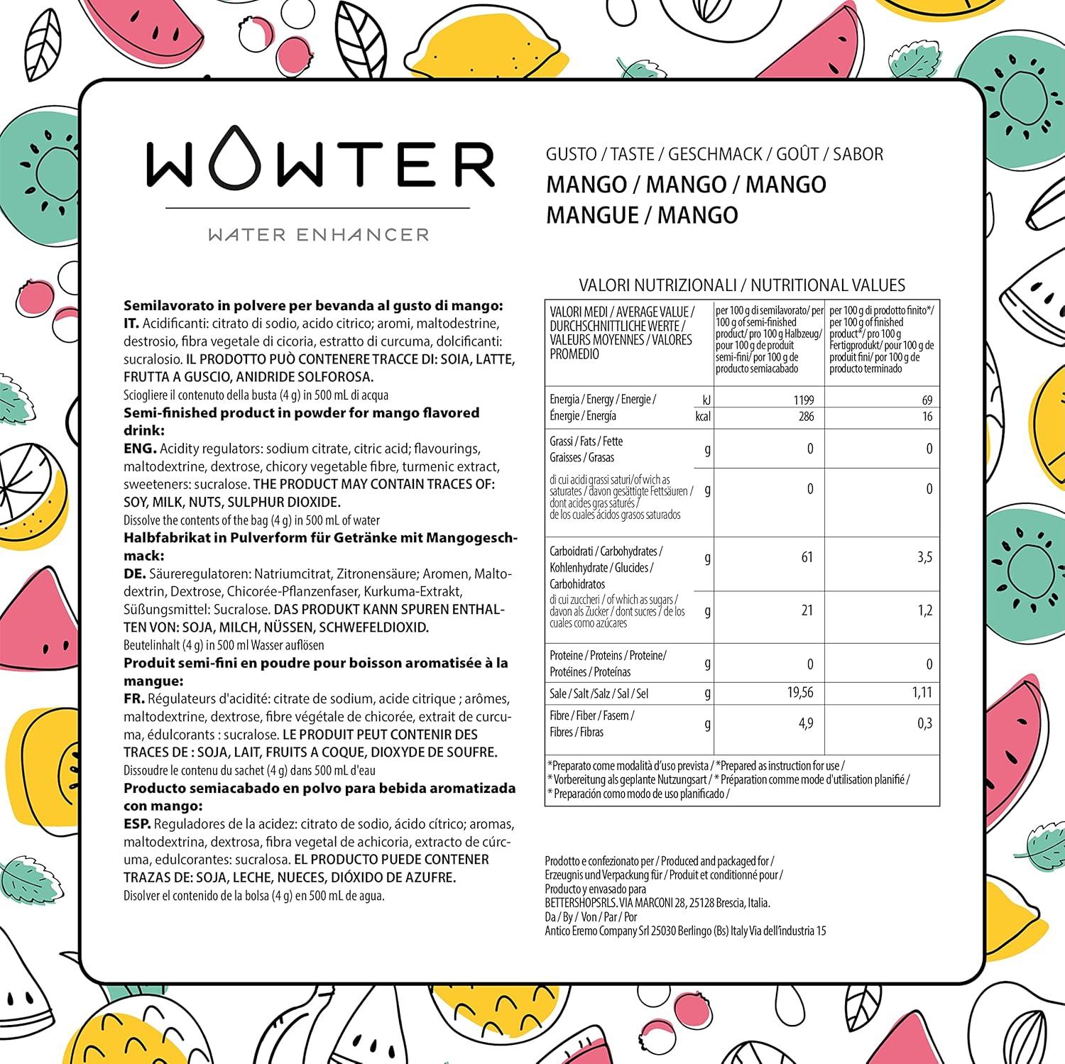 image:imageWOWTER by AMZ BETTER Poudre Pour Aromatiser leau 24 Sachets de Poudre de Saveur de Mangue Sans Calories Sans OGM Sans Gluten Sans Sucre Made in Italy 96 g