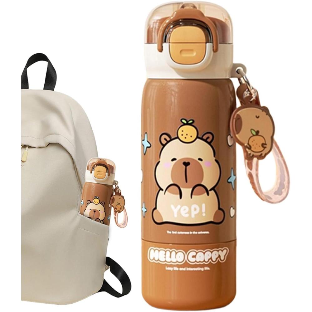 image:imageGourde Sportive Mignonne  Mug En Acier Inoxydable  Design Capybara Avec Couvercle  Paille  Bouteille DEau De Boisson  Pour cole Bureaux Voyage Intrieur Extrieur Maison Famille AdultesCaf