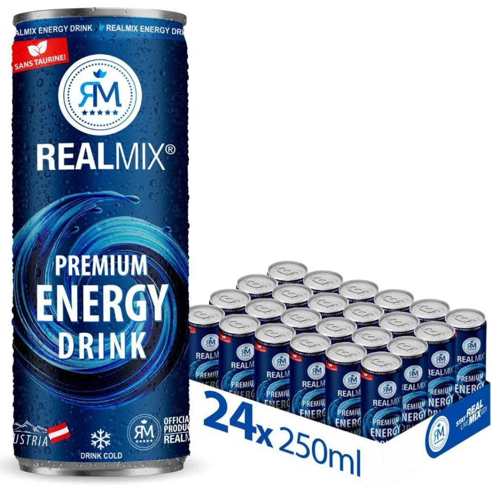 image:imageRealMix Energy Drink  Boissonnergisante Sans Taurine Cafine ampampExtrait de Guarana LowSugar Canette24x250ml RafrachissementnergieNaturelleEnergy Drink