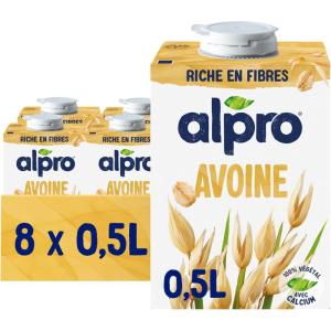 Alpro Avoine, Boisson Végétale Avoine 100% Européenne, Riche en Fibres, Sans Sucres Ajoutés, Sans Lactose, Source de Calcium et Vitamines B2 & D2, Texture Onctueuse, Format Pratique 8x500mL