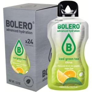 Bolero THÉ VERT GLACÉ AGRUMES 24x3g | Poudre pour boisson sans sucre, édulcorée à la stévia + vitamine C | convient aux enfants, aux sportifs et aux diabétiques