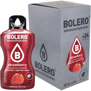 Boléro STRAWBERRY 24x3g | Jus en poudre sans sucre, édulcoré à la stévia + vitamine C | pour enfants et sportifs | sans gluten, végétalien | saveur de fraise