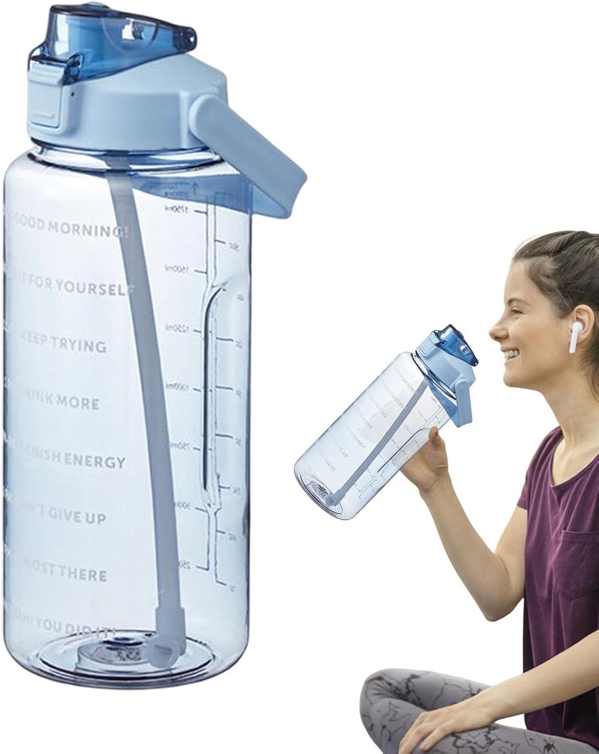 image:imageBouteille Sportive Bouteille Deau Portable en Plastique de Grande Capacit de 2 L Avec Paille et Graduation tanche Boissons Bouteille Bouteille Deau pour CoureursNoirBleu