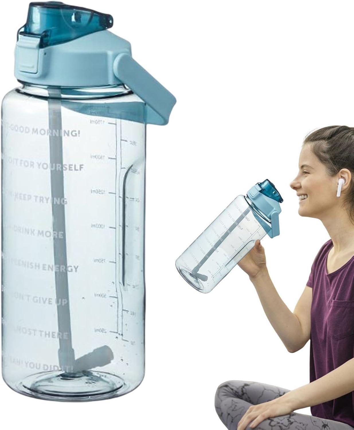 image:imageBouteille Sportive Bouteille Deau Portable en Plastique de Grande Capacit de 2 L Avec Paille et Graduation tanche Boissons Bouteille Bouteille Deau pour CoureursNoirVert